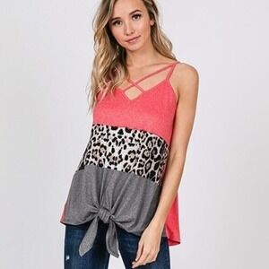 Cy Fashions Coral Sleeveless Tank Top Leopard Print Color Block Tie Front Size S